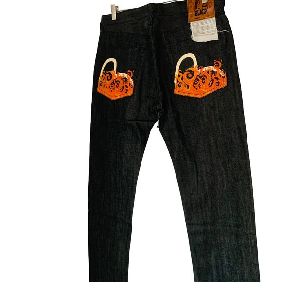 Evisu Vantage Dark Blue and Orange Jeans with Distressed Design